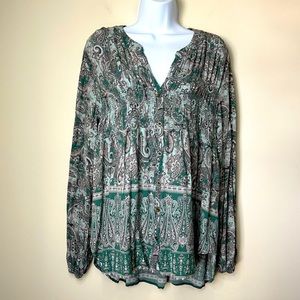 KNOX ROSE SAGE GREEN PAISLEY FLORAL V NECK BOHO SMOCKED TUNIC BLOUSE SIZE XXL